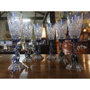 Rare Set Of 6 Crystal Glasses With Silver-plated Metal Bases, Bacchus/dionysus