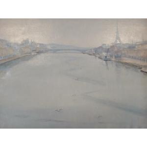 Huile sur toile, Paris vue sur la Seine et la Tour Eifel, par Auguste Bernard