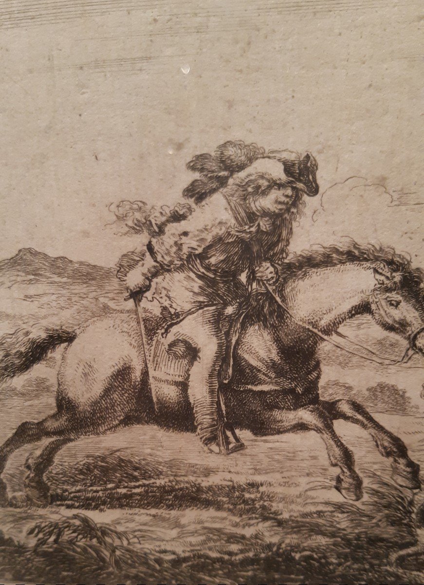 Ancient Print On Eighteenth Century Paper With Hunting Scene-photo-3