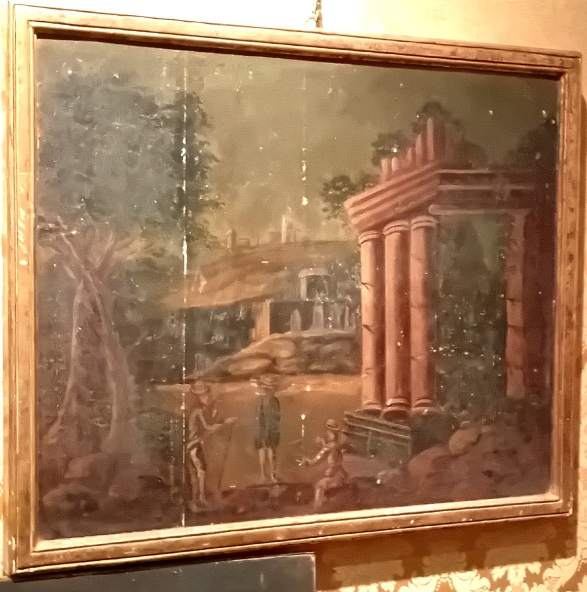 Peinture à l'Huile Ancienne Sur Bois, "paysage Avec Ruines Et Personnages"-photo-3