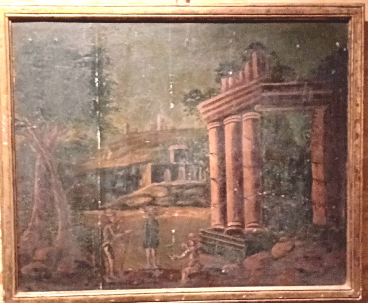 Peinture à l'Huile Ancienne Sur Bois, "paysage Avec Ruines Et Personnages"