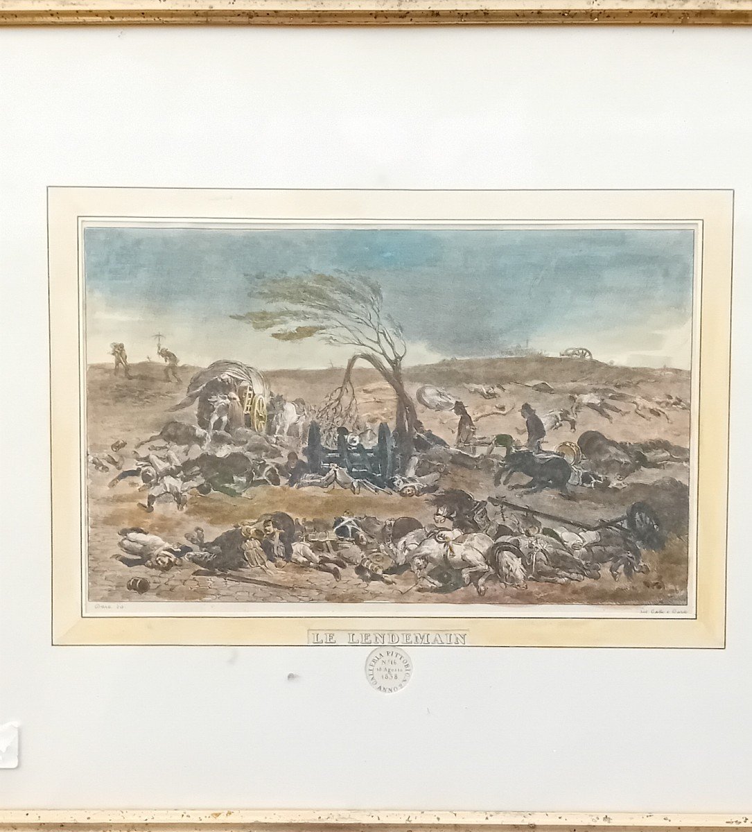 Impression Couleur Antique Du 19ème Siècle Avec Scène De Bataille