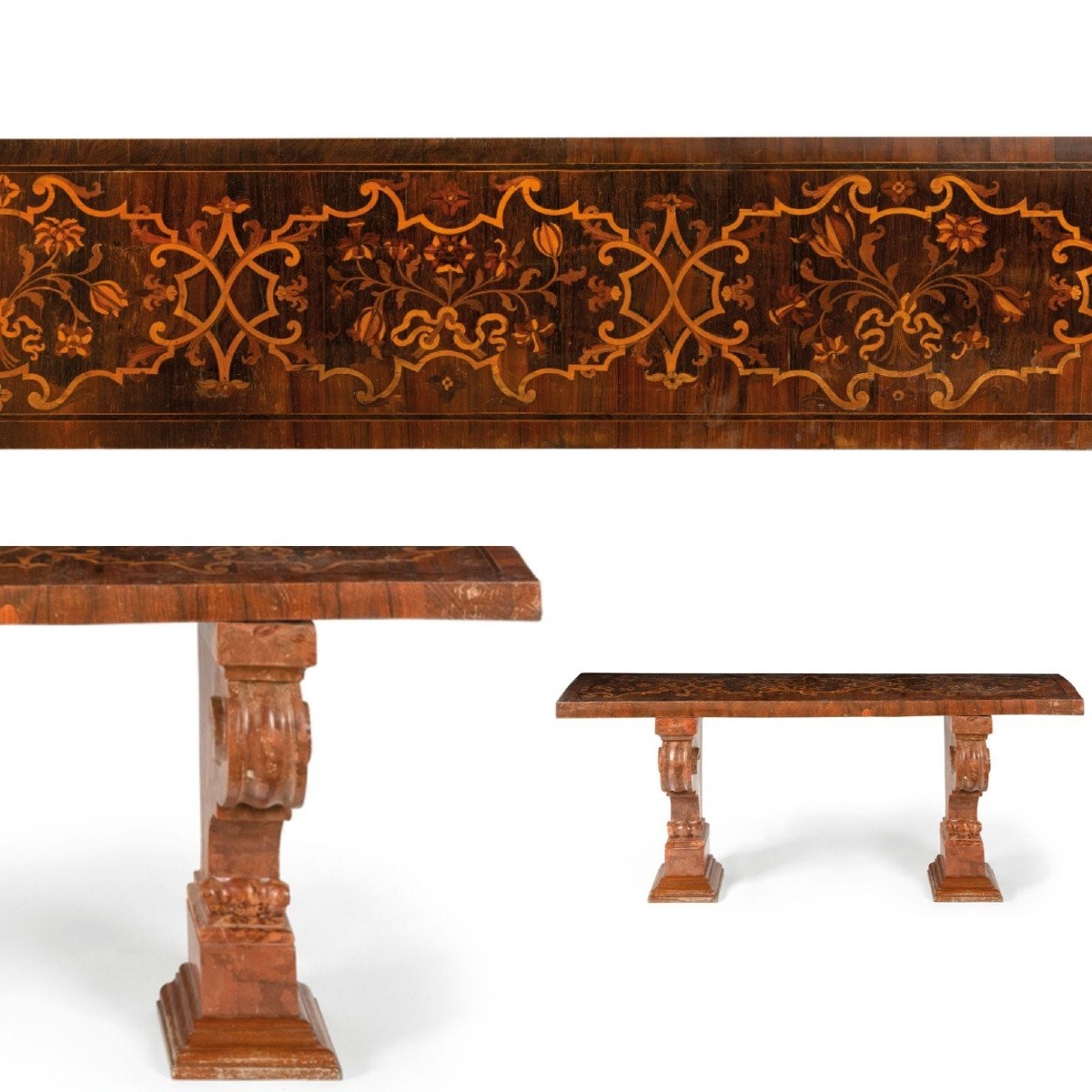Bench In Walnut Veneer Inlaid With Various Wood Essenze,17th Century