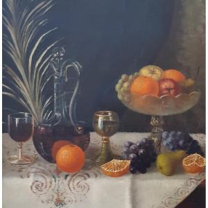 Peinture à l'Huile Sur Toile, Composition Avec Des Fruits Et Du Vin, Du Peintre Albert Larsson