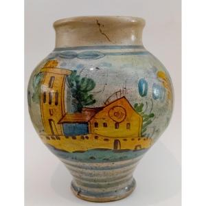 Vase Ancien En Majolique Italienne à Décor De Paysage