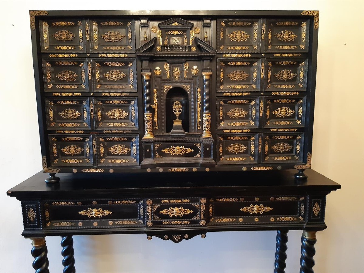Important Italian Cabinet,black Ebony And Richly Decorated With Gilded Bronzes