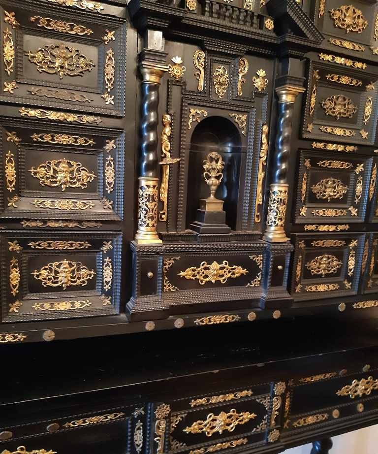 Important Italian Cabinet,black Ebony And Richly Decorated With Gilded Bronzes