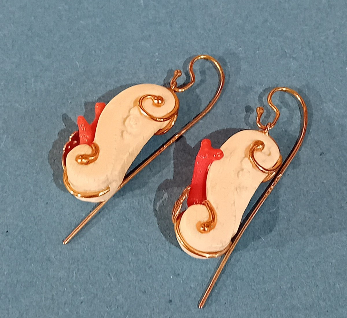 Pair Of Earrings In Antique Ivory, Coral And Gold