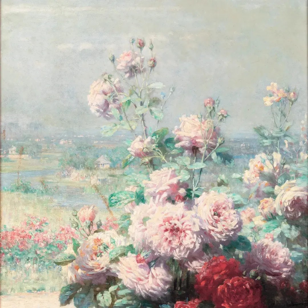 tableau ancien, huile sur toile, paysage fluvial français avec fleurs-photo-3