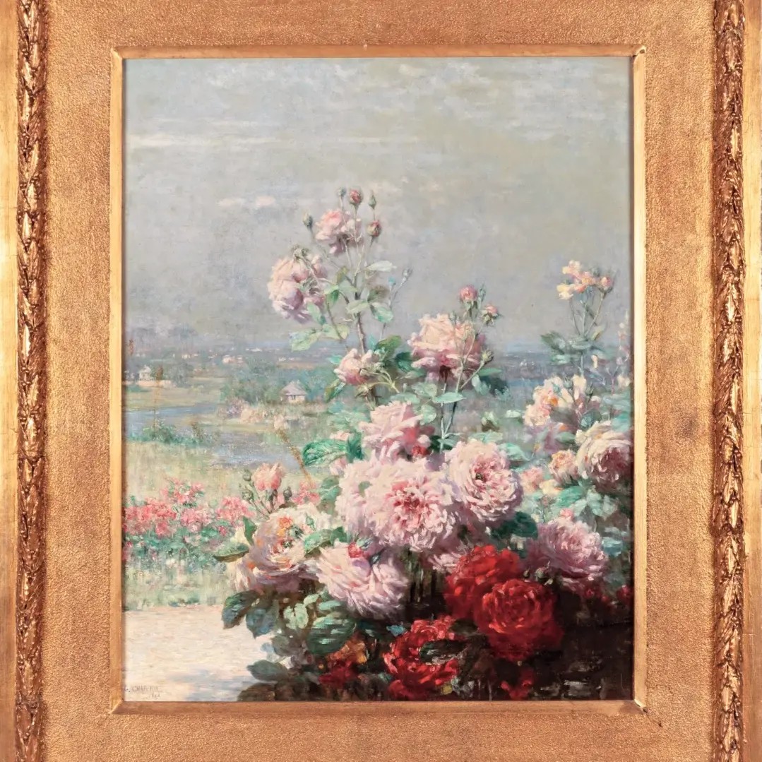 tableau ancien, huile sur toile, paysage fluvial français avec fleurs-photo-4