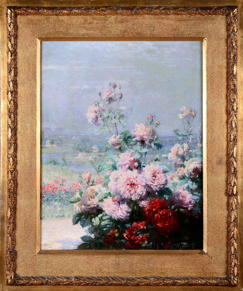 tableau ancien, huile sur toile, paysage fluvial français avec fleurs
