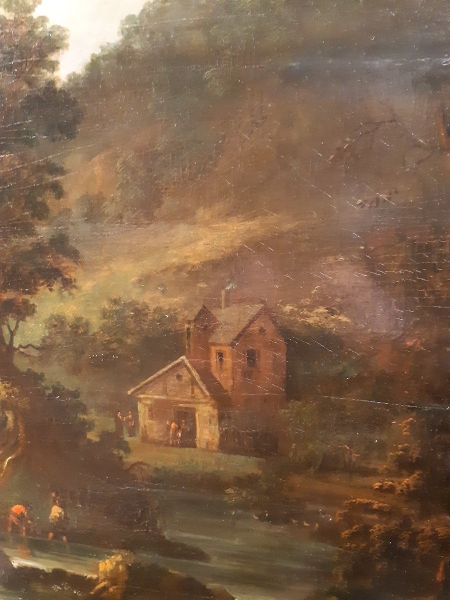 Antique Painting,oil On Panel, Mountain Landscape-photo-3