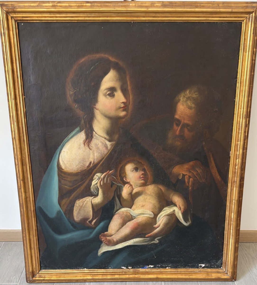 Tableau ancien, école italienne, Sainte Famille, huile sur toile, XVIIIe siècle.-photo-4