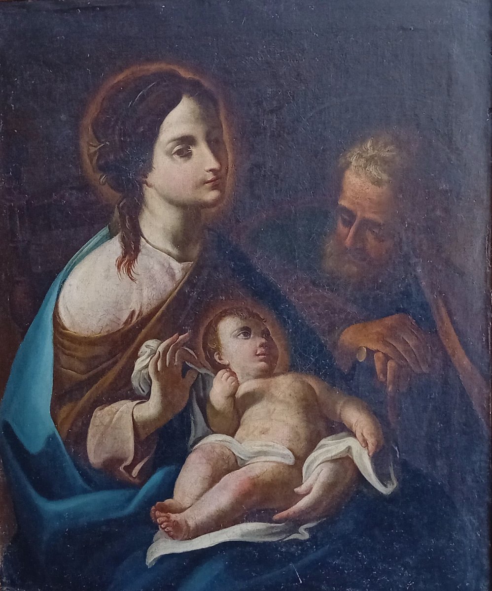 Tableau ancien, école italienne, Sainte Famille, huile sur toile, XVIIIe siècle.