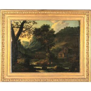 Antique Painting,oil On Panel, Mountain Landscape