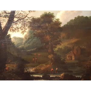 peinture ancienne, huile sur panneau, paysage avec troupeaux et paysans, école flamande