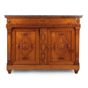 Cabinet ancien de style Empire italien, avec portes et tiroir, plateau en marbre avec incrustat