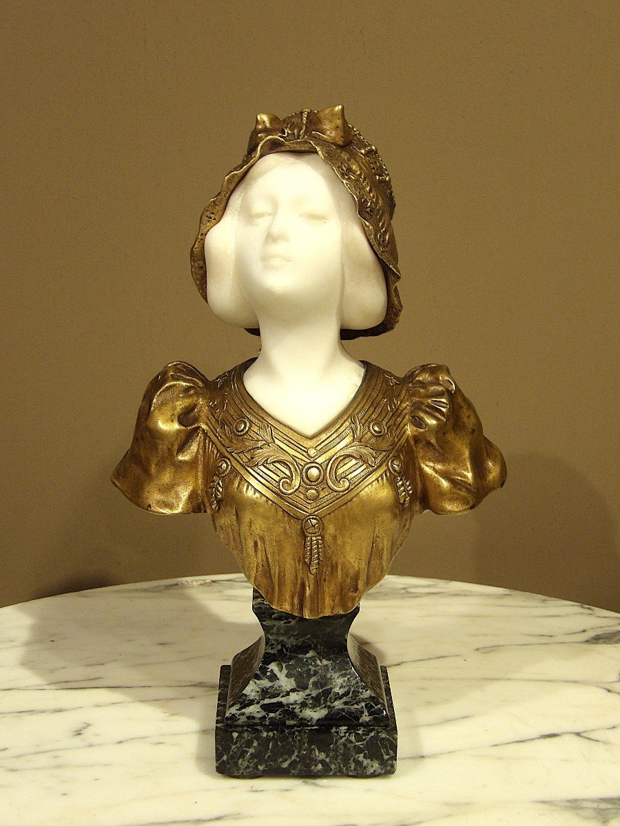 AFFORTUNATO GORI - Buste en bronze doré et marbre de Carrare