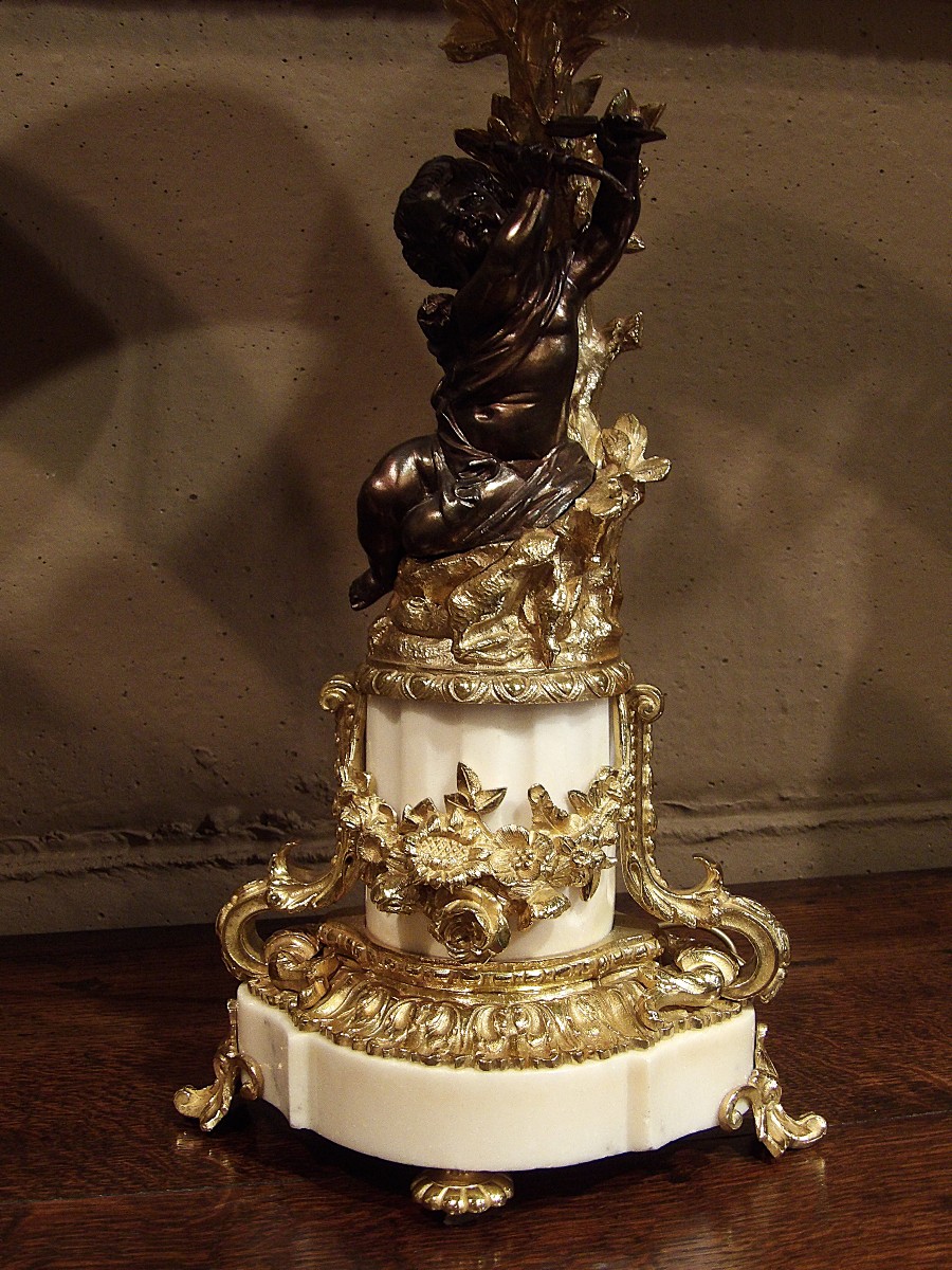 Pair Of Bronze And White Marble Table Lamps With Putti-photo-3