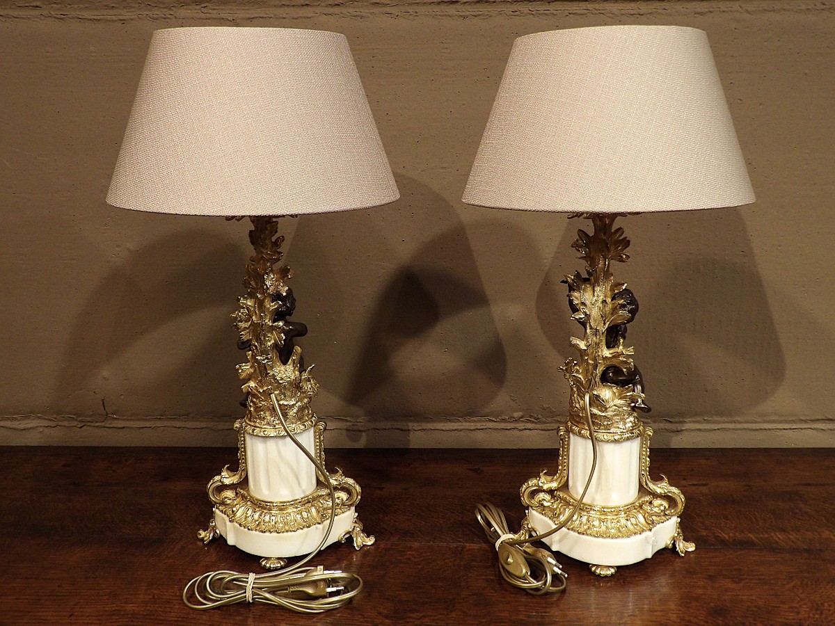 Pair Of Bronze And White Marble Table Lamps With Putti-photo-6