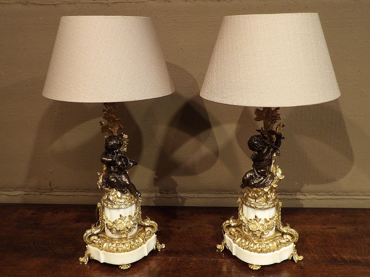 Pair Of Bronze And White Marble Table Lamps With Putti