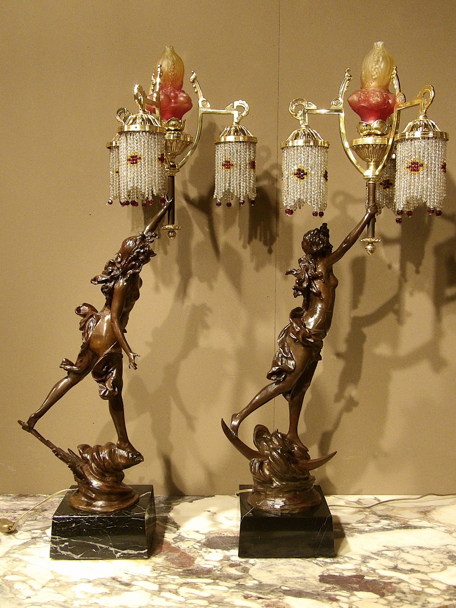 Paire de lampes en bronze « Allégorie du Jour et de la Nuit »-photo-3