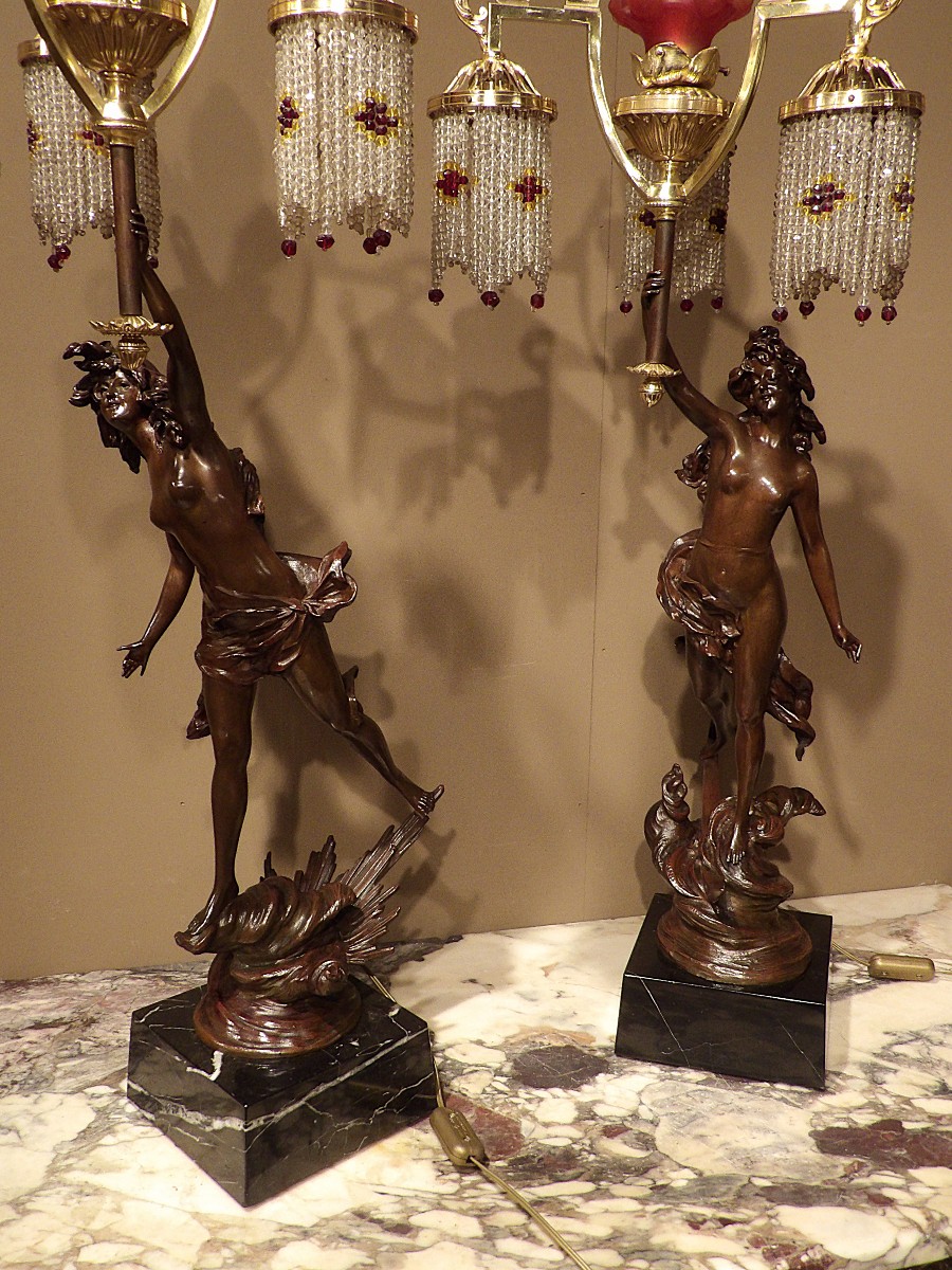 Paire de lampes en bronze « Allégorie du Jour et de la Nuit »-photo-5