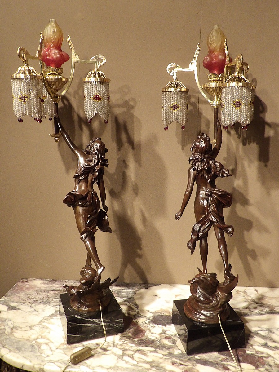 Paire de lampes en bronze « Allégorie du Jour et de la Nuit »-photo-6