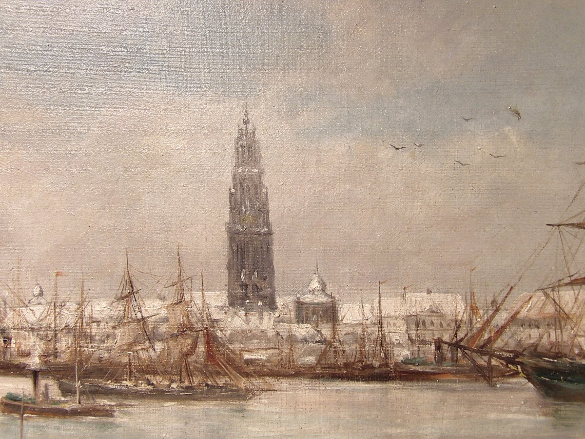 JEAN HILL – Tableau “Vue sur le port d’Anvers”-photo-4