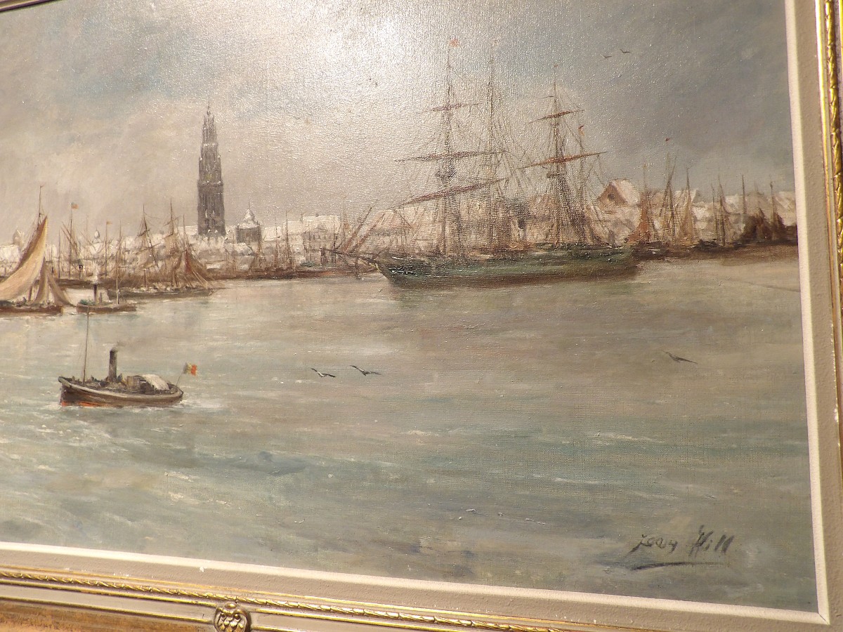 JEAN HILL – Tableau “Vue sur le port d’Anvers”-photo-2