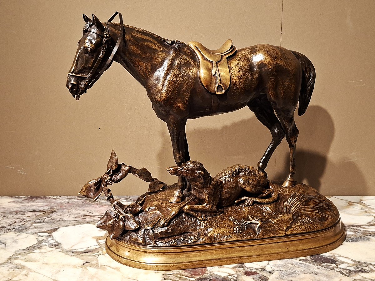 CANA LOUIS-EMILE – Bronze Cheval avec un Lévrier