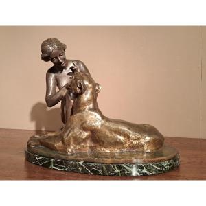 Jean Magrou - Art Deco Bronze "lady With Panther"