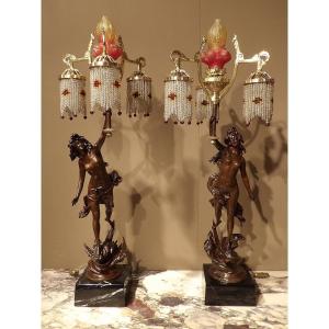 Pair Of Bronze Lamps "allegory Of Day And Night"