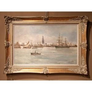 JEAN HILL – Tableau “Vue sur le port d’Anvers”