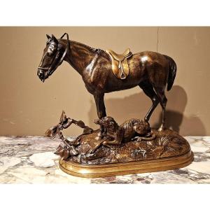 Cana Louis-emile – Bronze Sculpture Of A Horse With A Greyhound