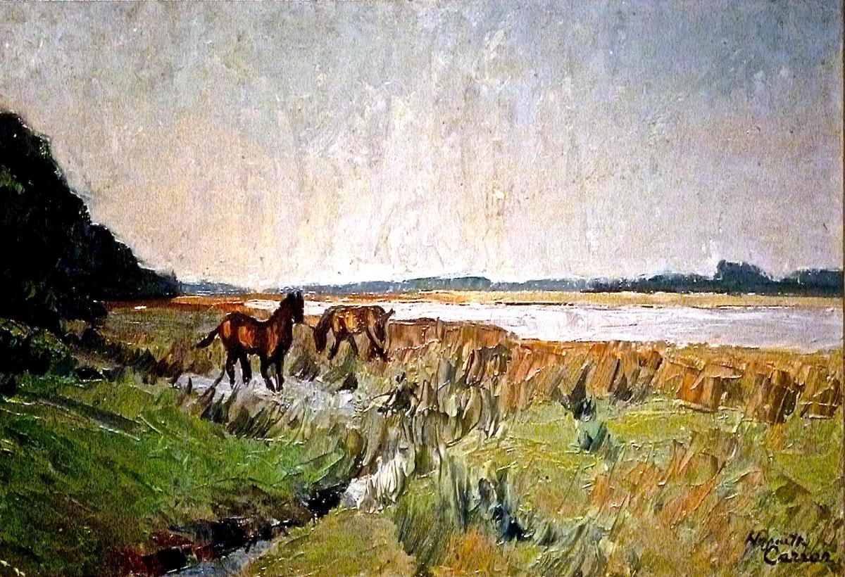 Chevaux au pré par Huguette CARRON (1900-1976)-photo-2