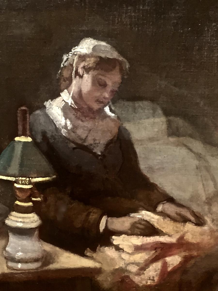 FEMME à l'OUVRAGE et CHAT au REPOS - XIX - Non signé-photo-3
