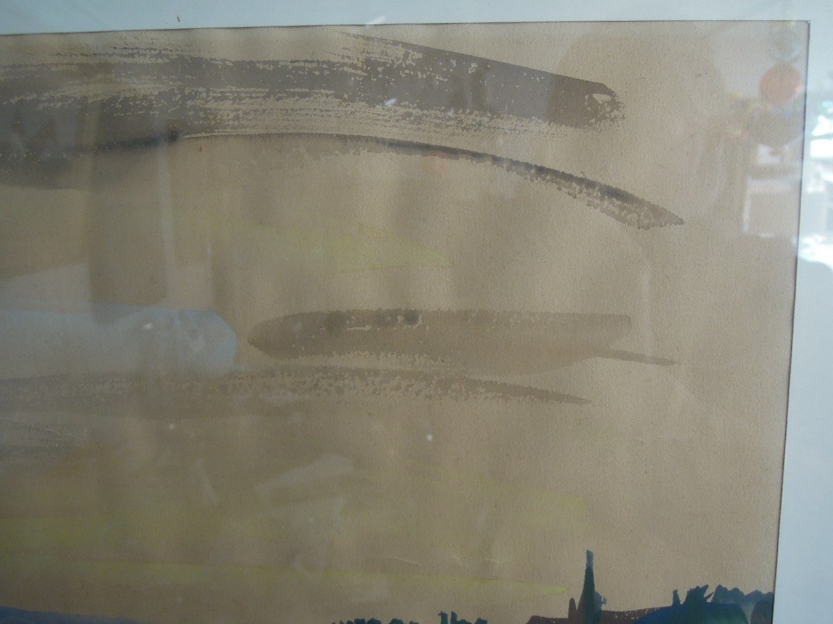 Aquarelle signée d'Yvonne Guégan représentant un paysage scandinave (Suède ?)-photo-1