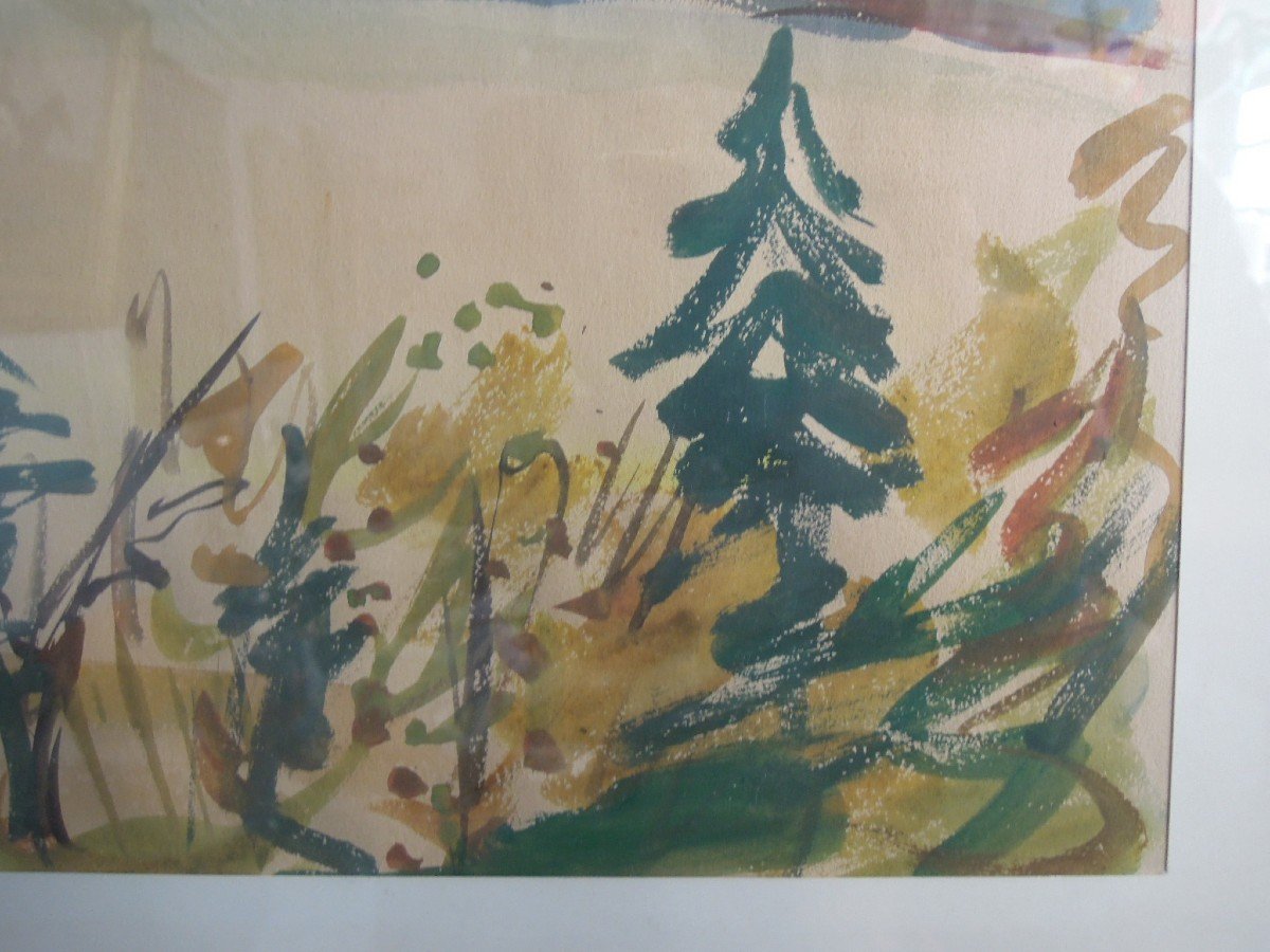 Aquarelle signée d'Yvonne Guégan représentant un paysage scandinave (Suède ?)-photo-2