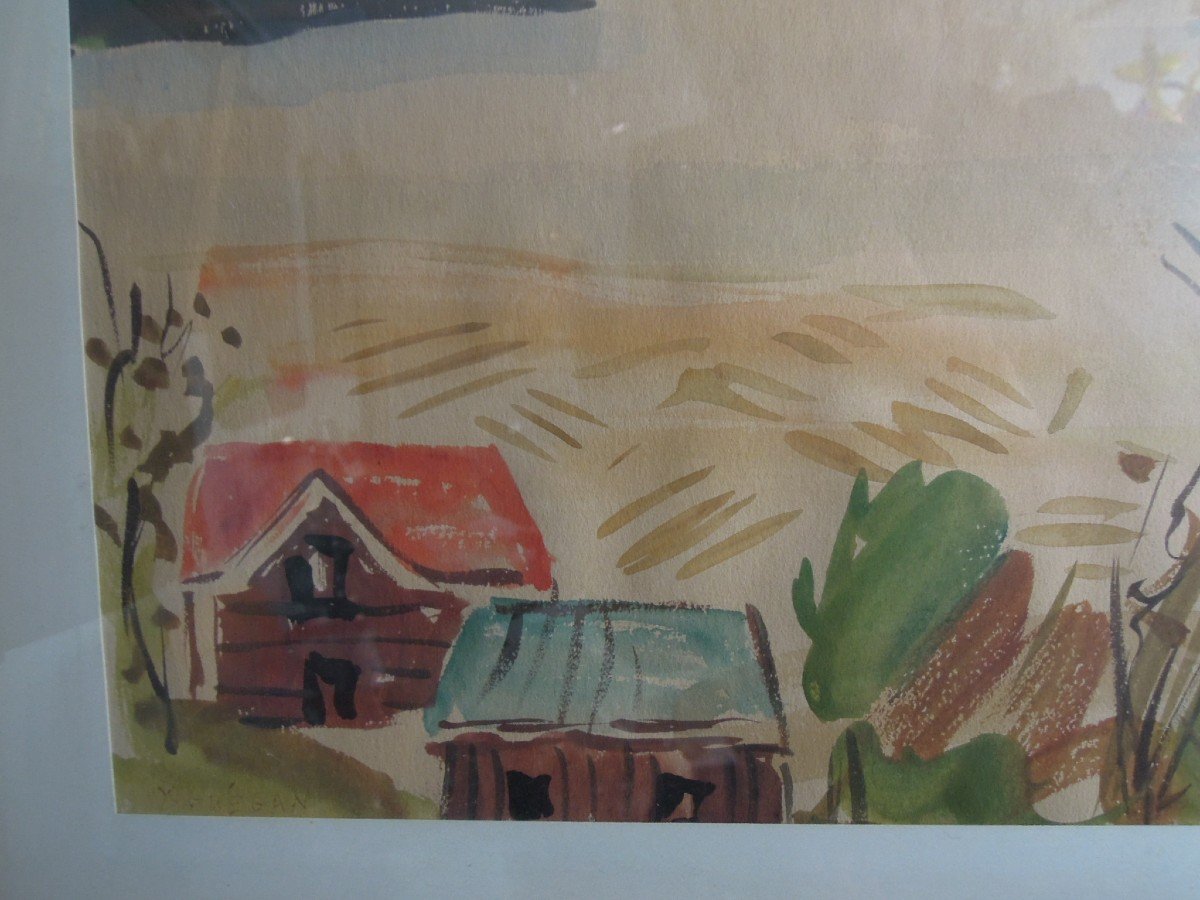 Aquarelle signée d'Yvonne Guégan représentant un paysage scandinave (Suède ?)-photo-3