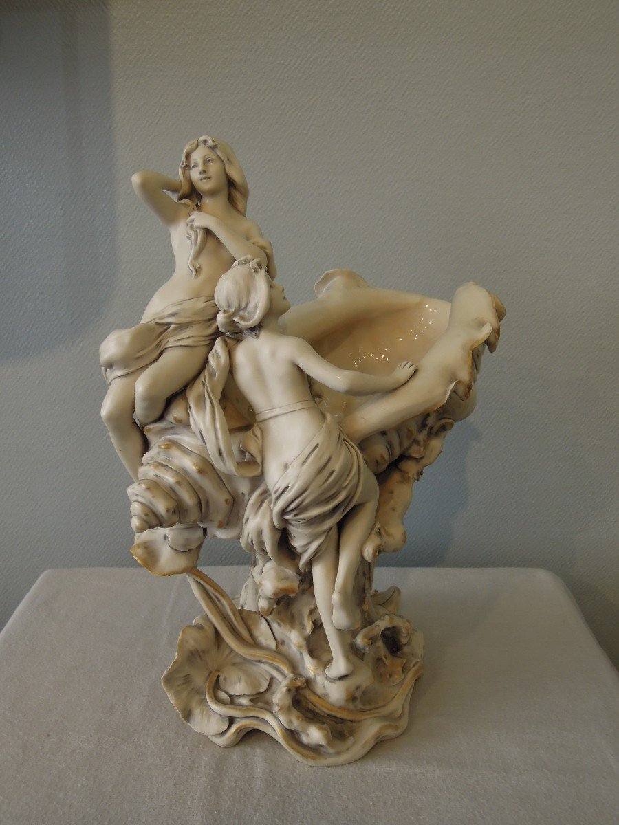 Large Royal Dux Bohemia Bowl From The Art Nouveau Period: Naked Women With Shells-photo-1