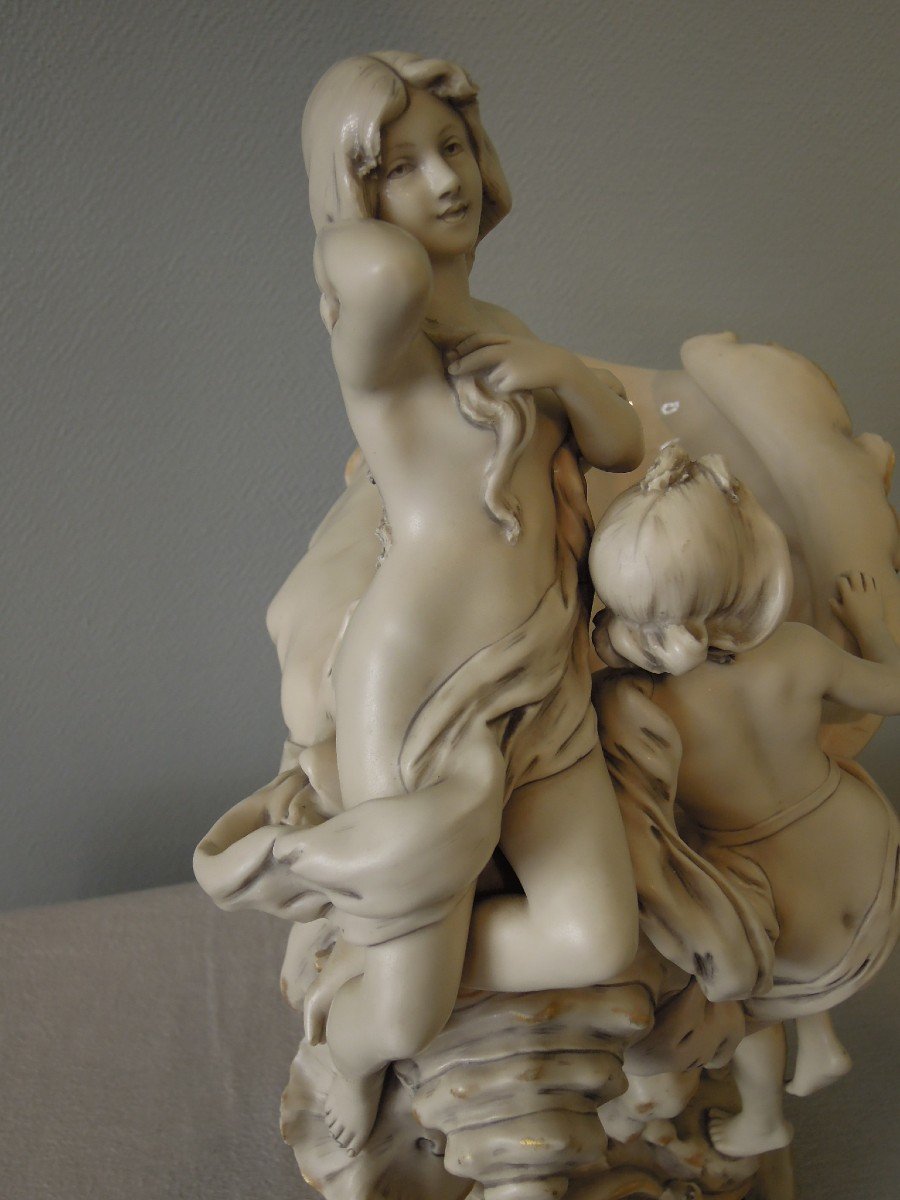 Large Royal Dux Bohemia Bowl From The Art Nouveau Period: Naked Women With Shells-photo-3