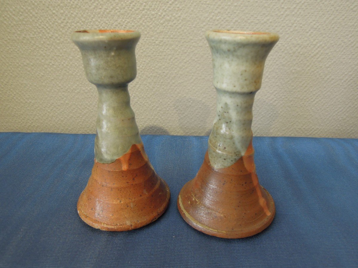 La Borne Ceramics: Pair Of Sandstone Candlesticks By Steen Kepp-photo-1