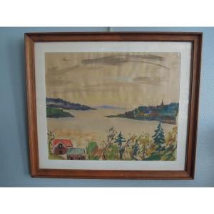 Watercolor Signed By Yvonne Guégan Representing A Scandinavian Landscape (sweden?)