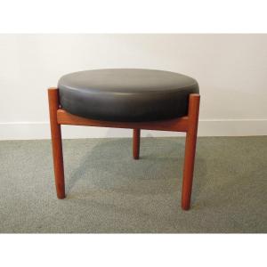 Scandinavian Design: Tripod Stool Or Ottoman By Danish Designer Hugo Frandsen In Teak And Skai