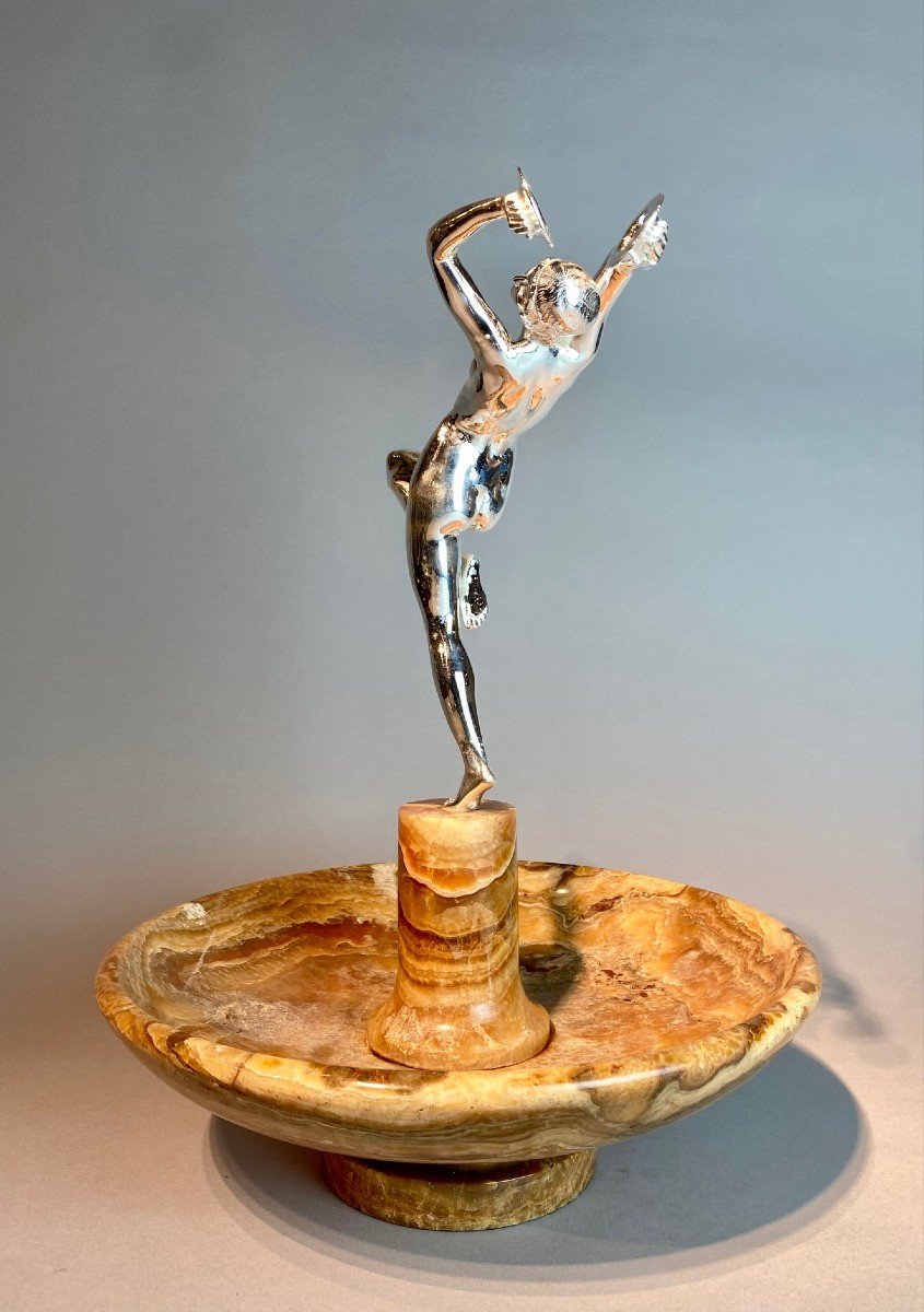 Art Deco Sculpture Bronze Argenté D’une Danseuse Aux Cymbales, Pierre  Le Faguays-photo-2