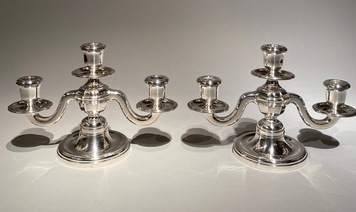 Pair Of Art Deco Style Candelabras, Sterling Silver, Tétard And Frères Paris