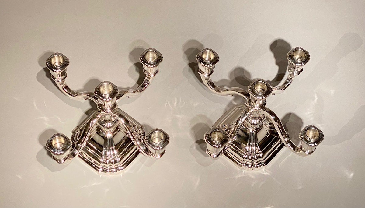 Pair Of Art Deco Candelabras With Five Arms In Sterling Silver By Raymond Ruys, Antwerp-photo-2