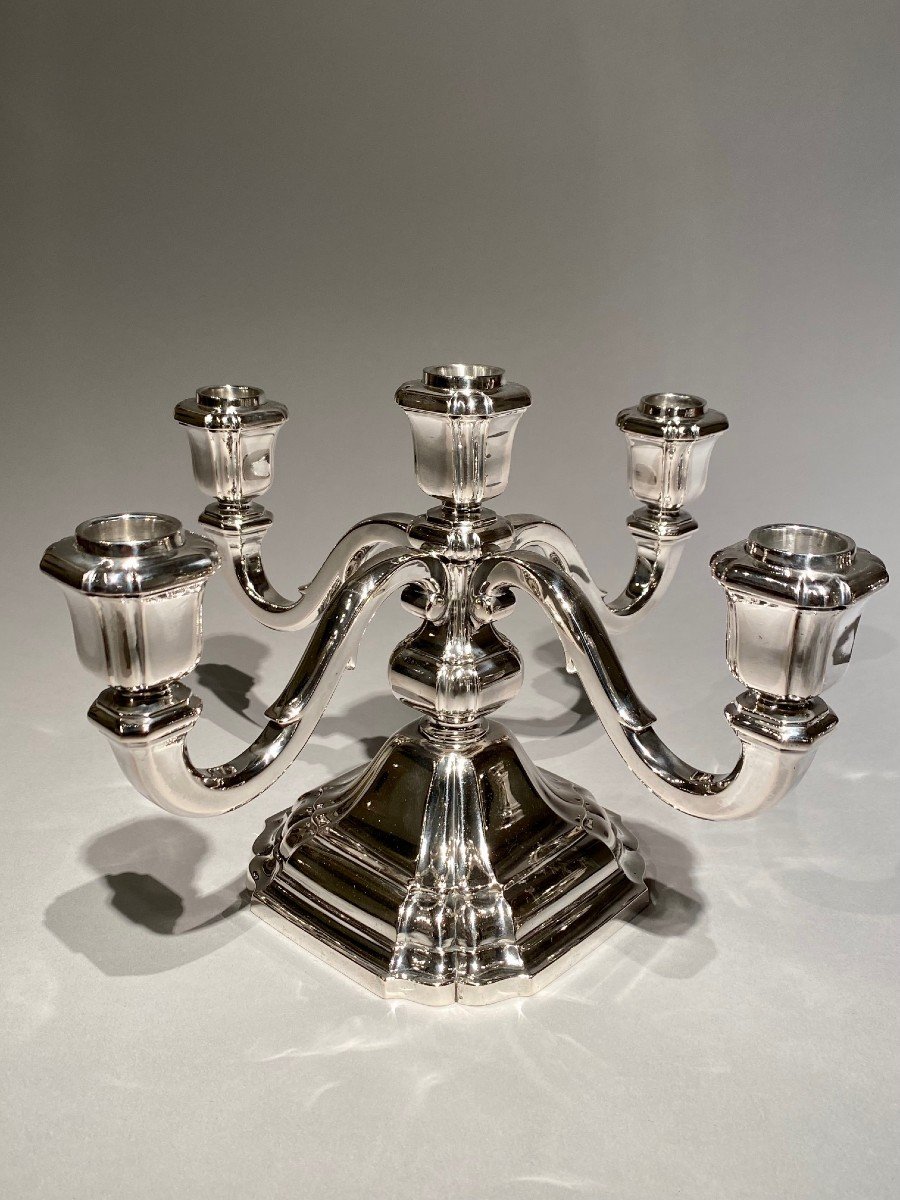 Pair Of Art Deco Candelabras With Five Arms In Sterling Silver By Raymond Ruys, Antwerp-photo-4