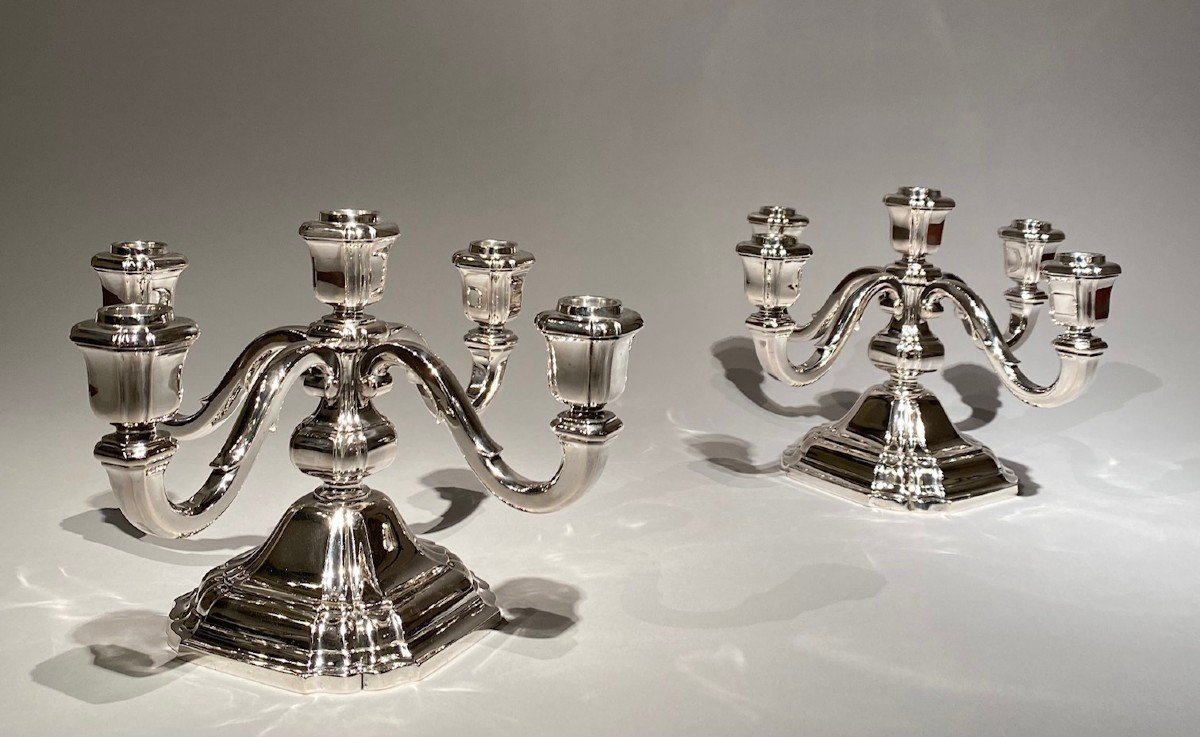 Pair Of Art Deco Candelabras With Five Arms In Sterling Silver By Raymond Ruys, Antwerp-photo-2